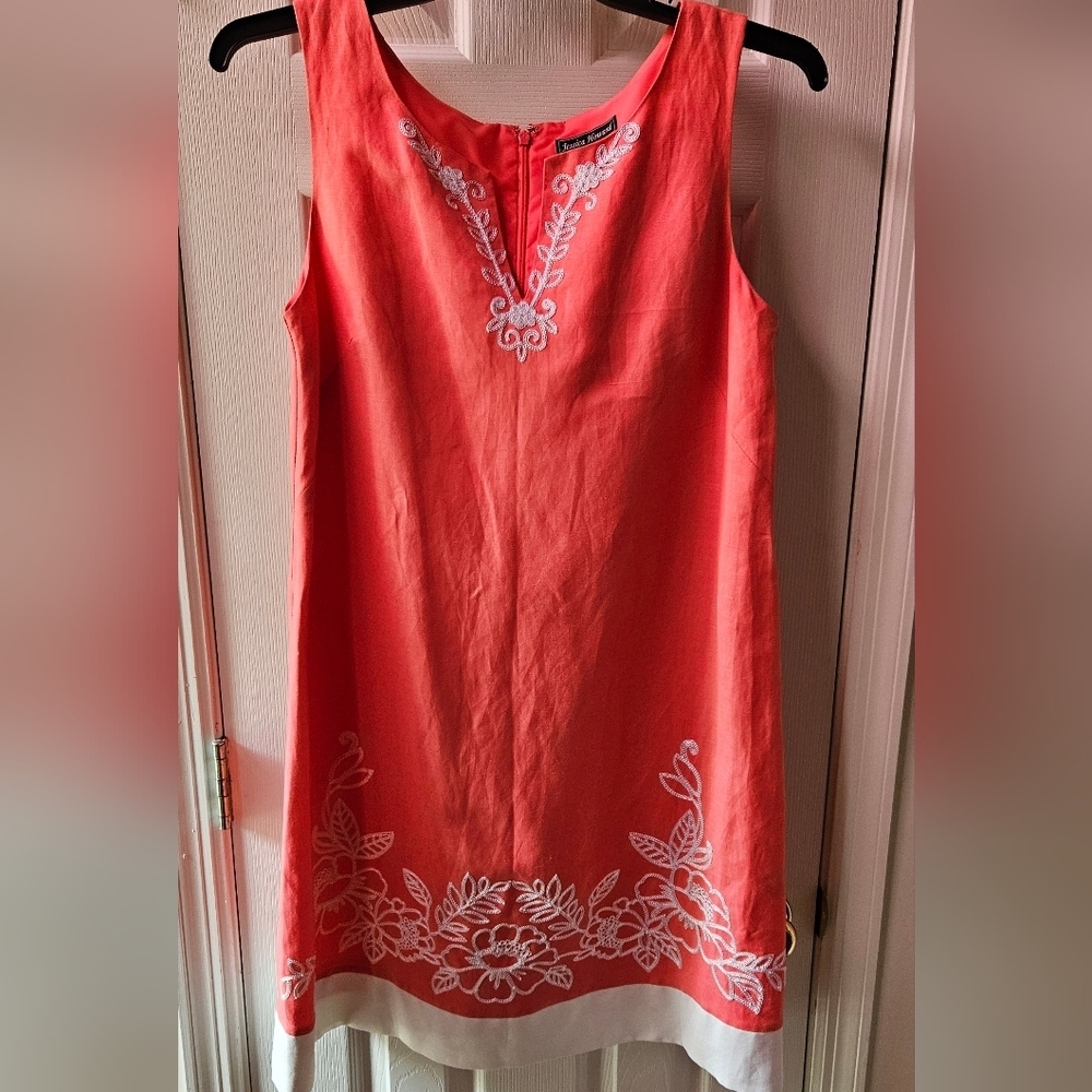 Coral Dress with White Floral Embroidery
